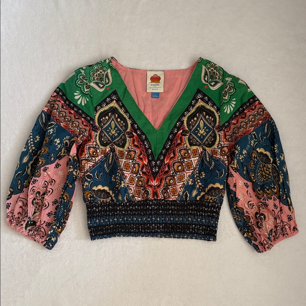 Farm Rio for Anthropologie | Deep-V Puff Sleeve Linen Blend Boho Crop Top (S) - Picture 3 of 16